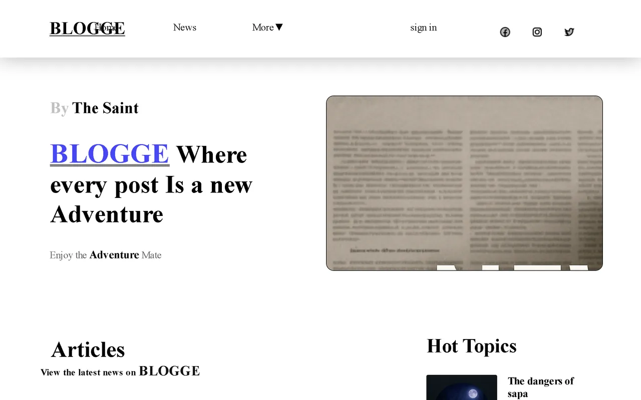 Blogge homepage with a featured article, article list and trending topics sidebar