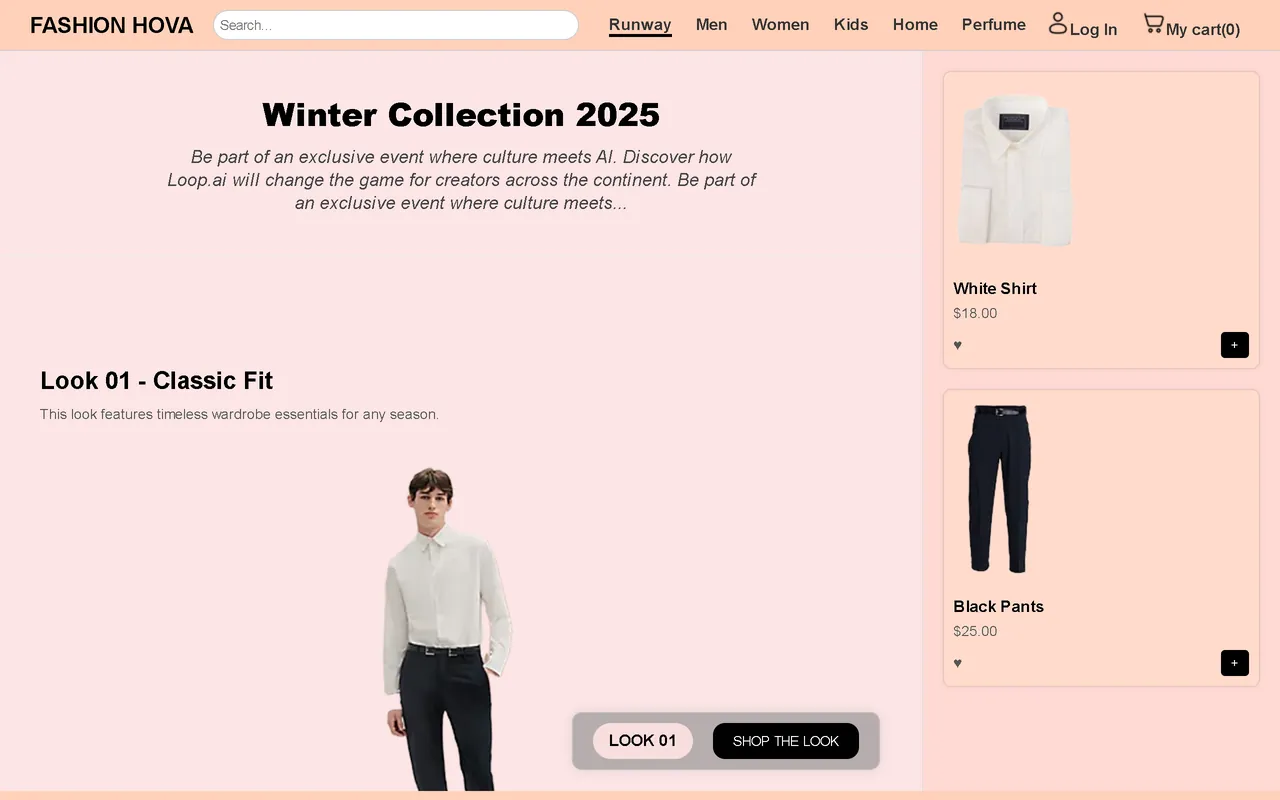 Fashion Hova storefront showing a winter collection lookbook with shoppable items