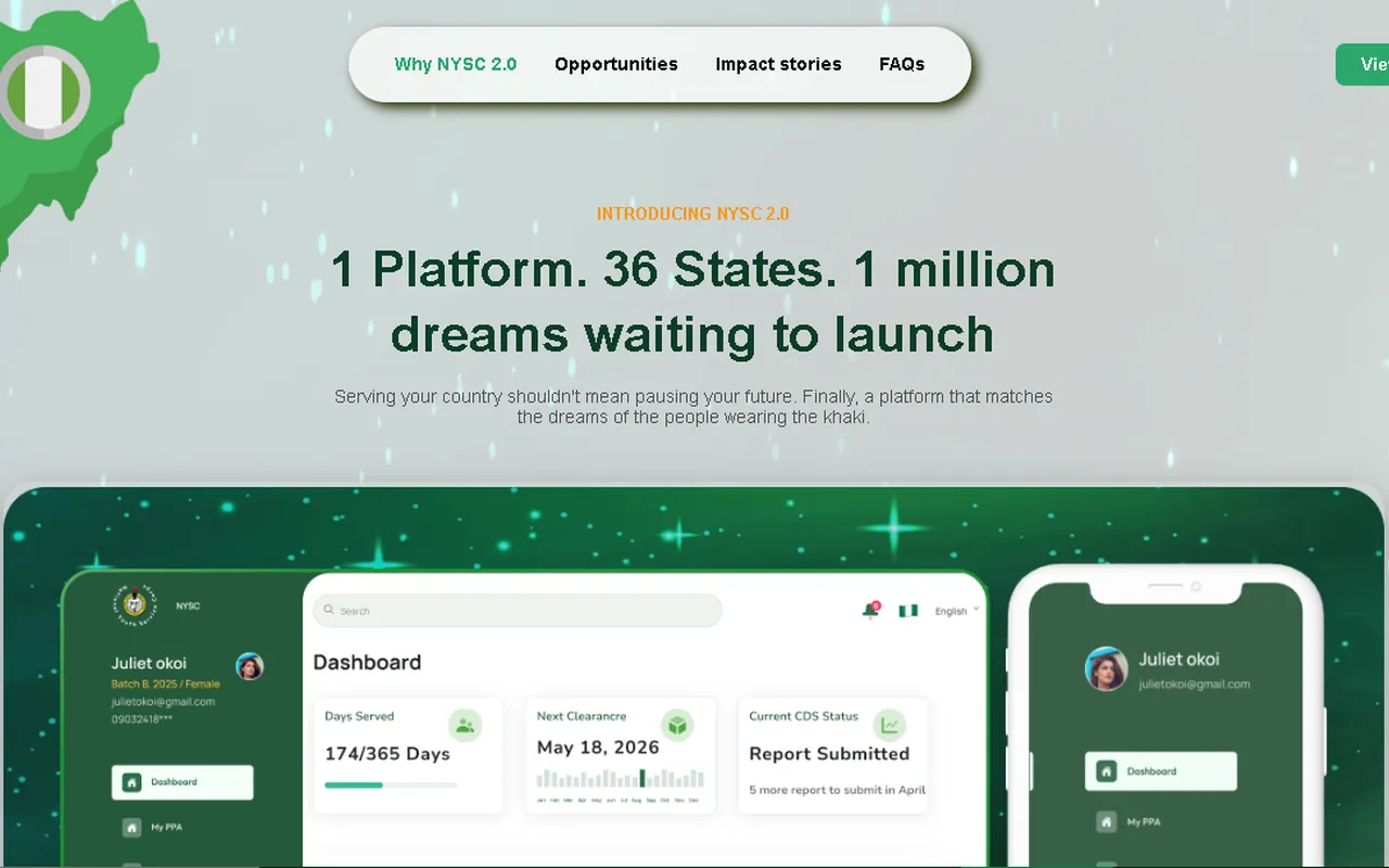 NYSC 2.0 landing page with a corps member dashboard shown on desktop and mobile
