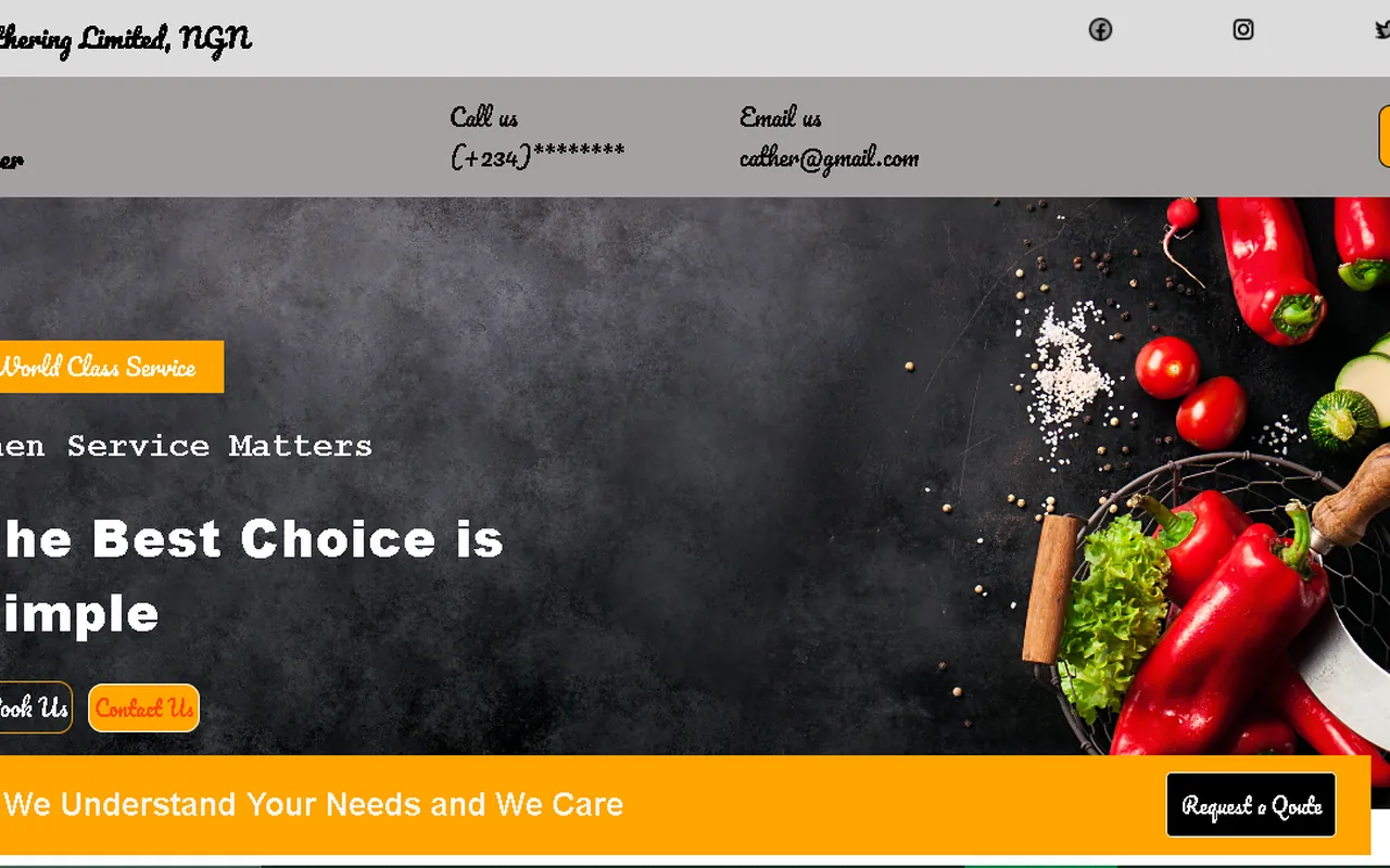 Cather catering website hero with booking and quote request calls to action