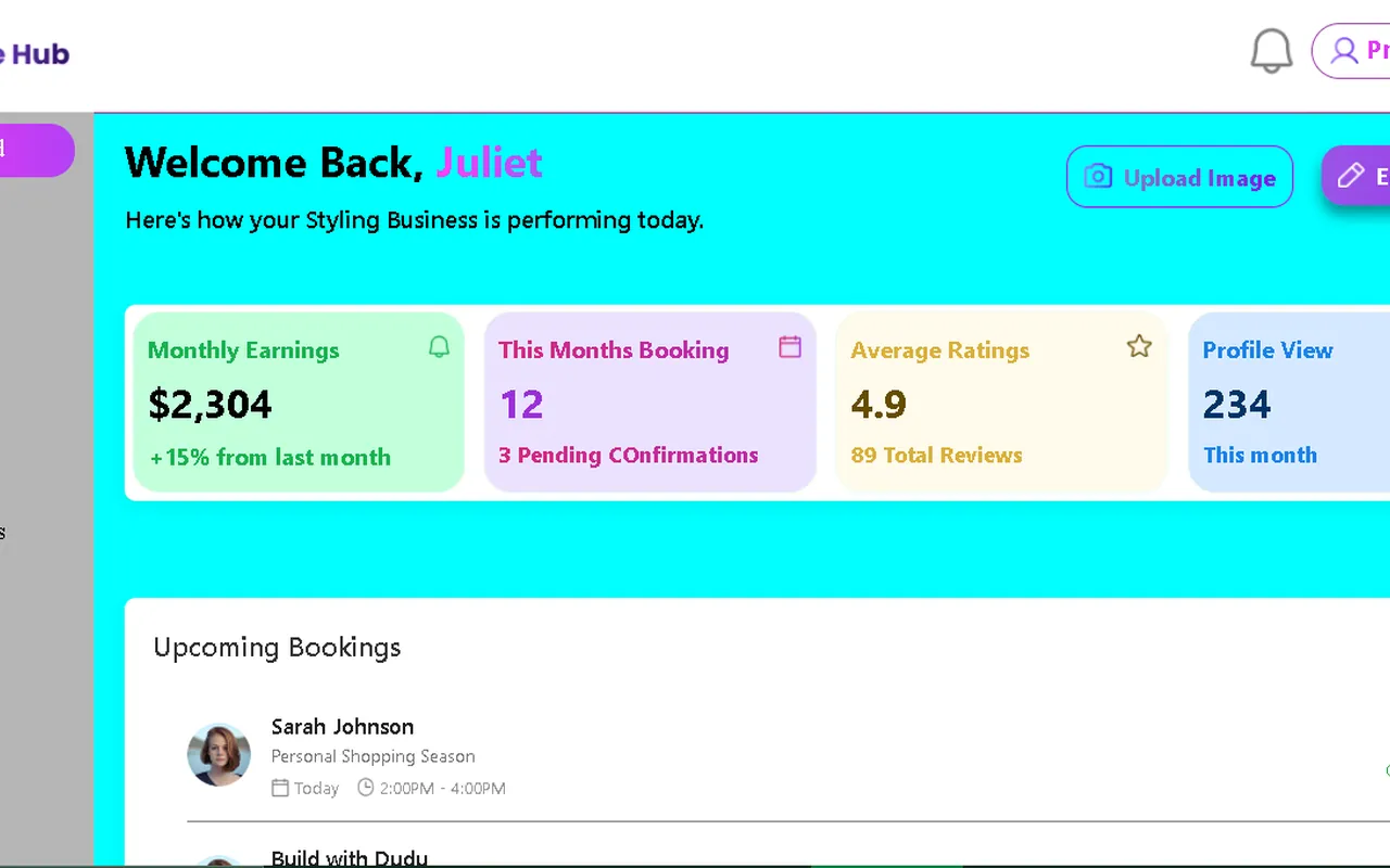 Style Hub dashboard showing monthly earnings, bookings, ratings and upcoming appointments