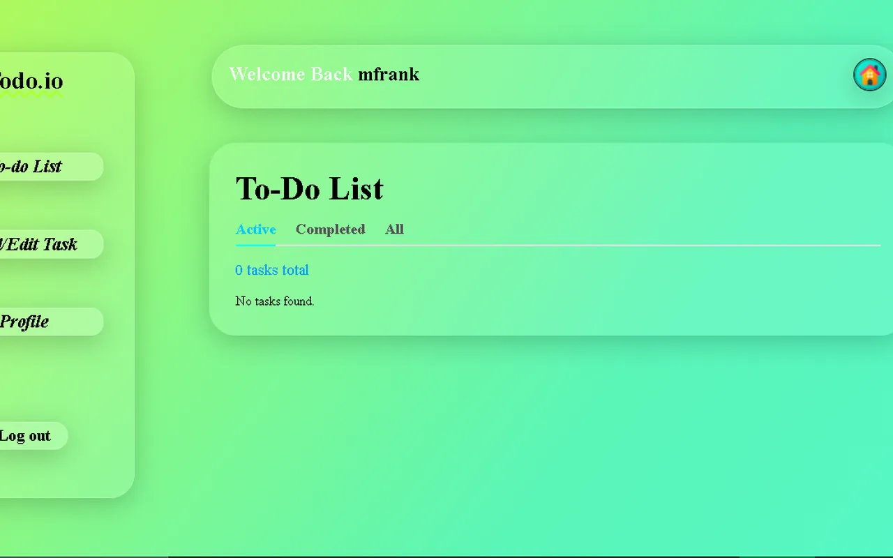 Todo.io task manager with sidebar navigation and active, completed and all filters