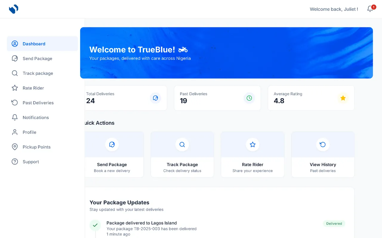 True Blue customer dashboard showing total deliveries, average rating and package updates
